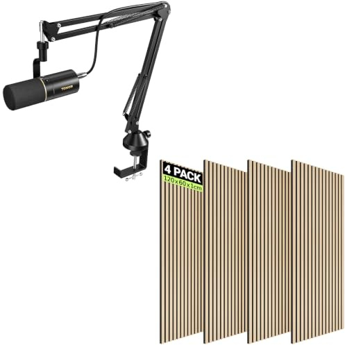TONOR Microfono Dinamico USB/XLR con Braccio per Podcast, Streaming e Gaming TD510+ e Set di 4 Pannelli Fonoassorbenti in Legno 3D Quercia