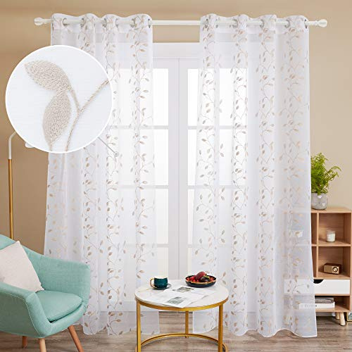 Deconovo Tende Camera da Letto Ragazze Moderne 2 Pezzi Salotto Elegante Trasparenti in Voile Ricamate con Occhielli per Finestre Interni 140x240 CM Lino