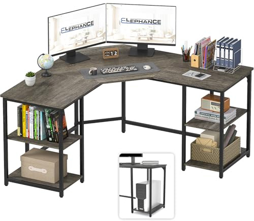 Elephance Large L-Shaped Computer Desk with Shelves, Corner Desk, Home Office Writing Workstation, Gaming Desk PC Latop Table with Storage