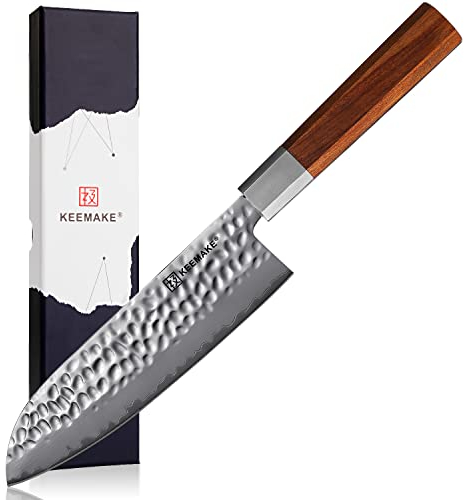 KEEMAKE Santoku Knife 7 inch, Japanese Chef Knife with 3 Layers 9CR18MOV High Carbon Stainless Steel Kitchen Knives, Octagon Wood Handle Vegetable Knife Cooking Knives