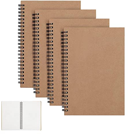 CYH 4 STK Notizbuch A5 Spirale Notizblock, Kraft Cover (100 Seiten/50 Blattt) Skizzenblock Tagebuch Skizzenbuch Classic Schreibblock Zeichenblock Sketchbook Notepad, für Reisen Schule - Kariert