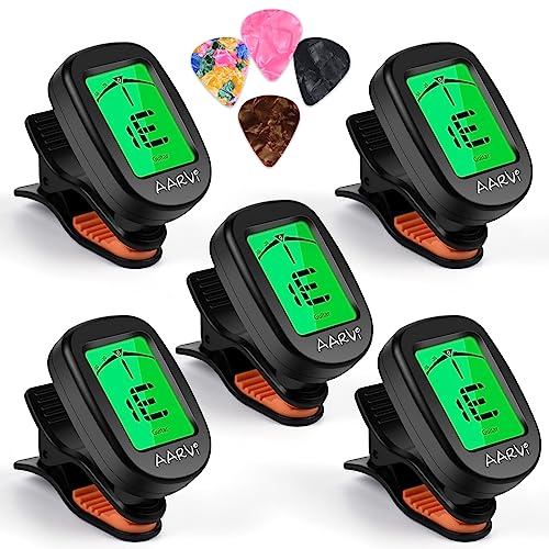 Clip On Guitar Tuner 5 Pack for All Instruments, Acoustic/Electric Guitar, Ukulele, Bass, Violin, Banjo, Large Clear LCD Display for Guitar Tuner, Chromatic Tuner, 20 Pack Guitar Picks Included