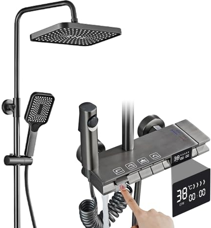 Btstil Thermostatic Shower Mixer Set, 4-Function LED Digital Display Chrome Shower Set with Overhead Shower & 3 Mode Hand Shower, Height Adjustable Column (Grey)
