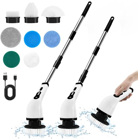 Newthinking Electric Floor Scrubber, Cordless Spin Cleaning Brush with 9 Replaceable Heads, Adjustable Long Handle Electric Scrubber for Bathroom, Kitchen, Floor Tile