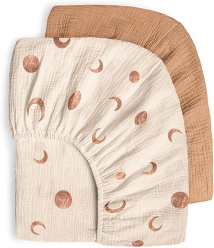 Bearmoss 2er Set Kinder Spannbettlaken,Musselin-Bettlaken 100% Baumwolle Baby-Bettlaken 60x120cm/140x70cm Reisebett Spannlaken Beistellbett Leintücher (Brauner Mond)