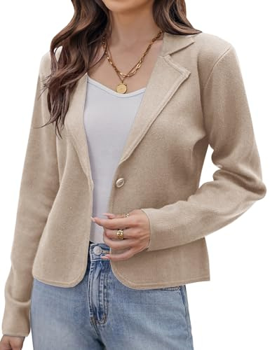 GRACE KARIN Women's Blazer Sweater Cardigan Business Casual Lightweight Suit Long Sleeve Slim Fit Work Office Jacket Light Khaki M