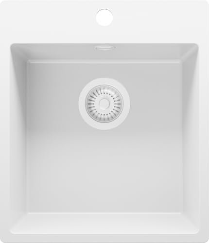 PRIMAGRAN Lavello da Cucina Tutto Bianco 43x50cm, Lavandino in Granito a 1 vasca + Sifone Classico, Lavabo Incasso al mobile 45cm - Riga S077