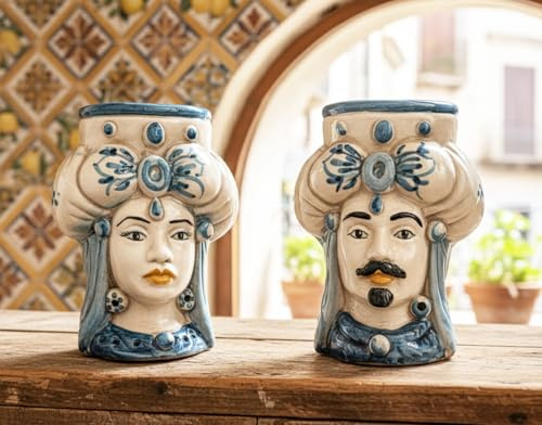 Mondocreazioni Coppia teste di moro in ceramica siciliana di Caltagirone realizzate e decorate a mano artigianalmente art. rotondo (BLU)