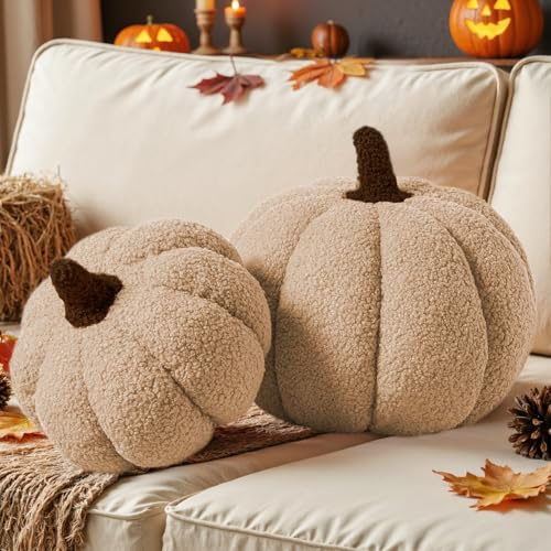 Lanpn Set di 2 Cuscino Zucca Autunnale, Halloween Zucche Decorazioni Cuscini Morbido pile Sherpa Carino Cuscino sagomato 3D per Divano Camera Da Letto (Beige, 32x22 cm & 23x18 cm)