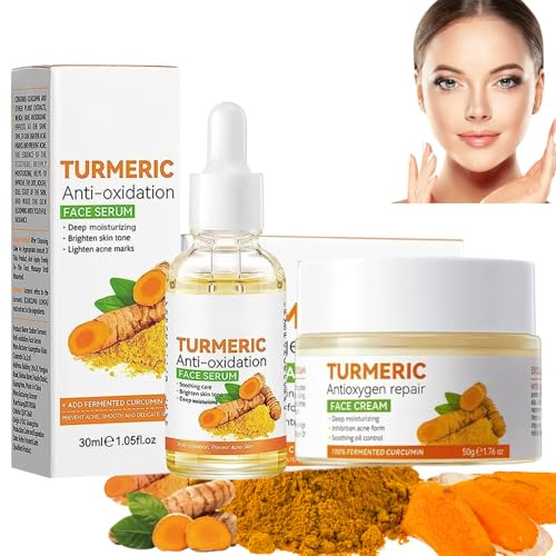 Turmeric Face Cream & Serum Duo (50g+30ml),for Brightening & Acne Marks | Turmeric Anti Aging Face Cream & Serum, 100% Fermented Curcumin, Anti-Oxidation, Deep Hydration, For Dull & Oily Skin