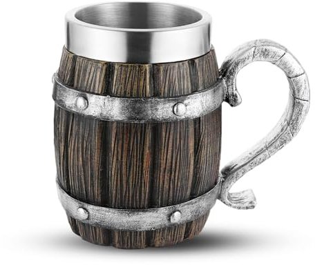 AsAlways Stainless Steel Wine Barrel Beer Mug Large Drinking Cup Medieval Beer Stein Novelty Drinkware Renaissance Accessory Gift 600ML/20OZ