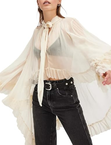 FeMereina Women Long Bell Sleeve Frill Top See Through Sheer Mesh Blouse High Low Hem Ruffled Sexy Flowy Tops Shawl Shirt (Ivory, M)