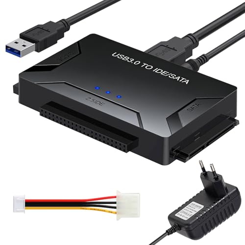 Leikurvo Adattatore USB 3.0 a SATA IDE per dischi rigidi SATA da 2,5/3,5 pollici, adattatore per disco rigido esterno con cavo USB+cavo SAT A+alimentatore da 12 V/2 A per Windows 10/8/7/XP/Mac