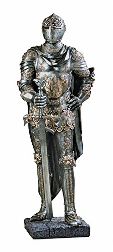 Design Toscano King's Guard Medieval Decor Half Scale Knight Armor Gothic Statue, 39 Inch Tall, Cast Stone Resin, Metallic Finish with Faux Stone Base