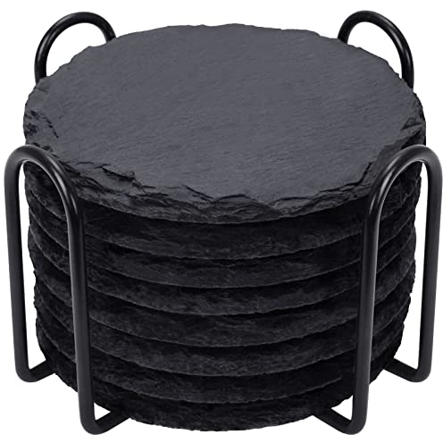 Slate Drink Coasters with Metal Holder, GOH DODD Set of 8 Black Coasters, 4 Inch Stone Coaster Set Coffee Table Decor Tabletop Protection for Home Office Kitchen Apartment, Round