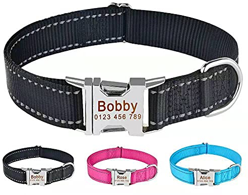 THAIN Custom Reflective Dog Collar Personalised Dog Collar with Name Plate engraved Pet Name, Phone Number, Silent,No Noise Dog ID Tag (S(neck 10-13.8”), Black)