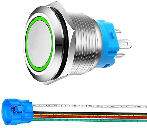 Gebildet 0.87 Inch/22mm Stainless Steel Momentary Push Button 12V-24V 5A LED 1NO1NC SPDT ON Off Waterproof with Wire Socket Plug (Green LED)