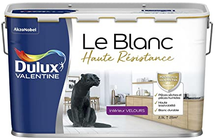 Dulux Valentine Le Blanc Haute Resistance - Peinture Intérieure Murs, Plafonds et Boiseries - Pièces sèches et humides - Velours Blanc 2,5 L