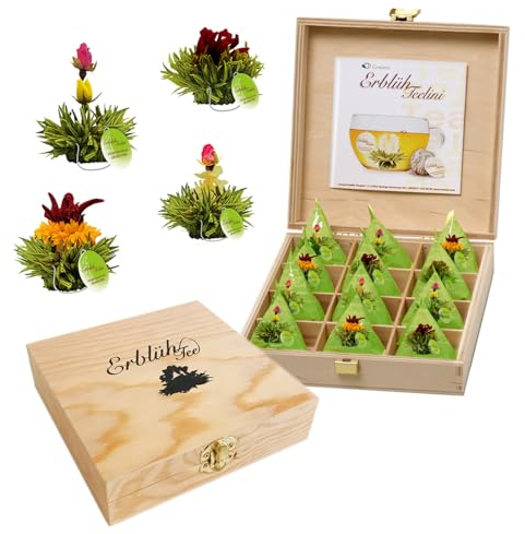 Creano Tea Flowers in Cup Size - Gift Set in Wooden Tea Box - 12 Blooming Teas in cupsize in 4 Varieties, White Tea, Gift For Women, Mother, Tea Lovers - Green Tea