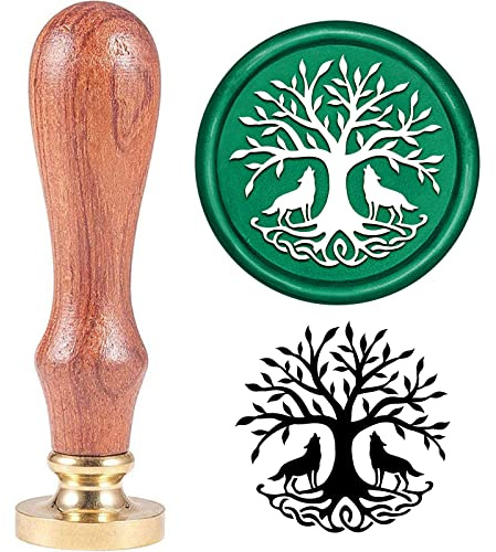 SUPERDANT Arbre de Vie Sceau de Cire Tampon 2 Loup Hurlant sous l'arbre Tampon de Cire 30mm Tampons à Cacheter avec Tête en Laiton Amovible Manche