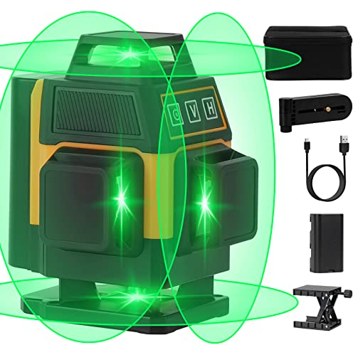 OMMO 4 x 360° Kreuzlinienlaser Grün, 16 Linen Selbstnivellierender Linienlaser, 2 x Wiederaufladbare Batterie, Genauigkeit: ± 0,2 mm/m, IP54 Wasserschutz, 1/4“ Gewinde, Hebebasis, Magnethalterung