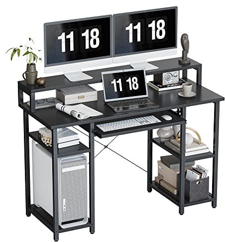 CubiCubi Escritorio Mesa de Ordenador de 120 cm con estantes de Almacenamiento, Soporte para Monitor y Bandeja para Teclado, para la Oficina en casa, Escritorio de Estudio, Negro