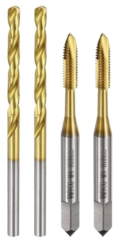uxcell Metric Tap & Drill Bit Set, 2pcs M4 x 0.7 Spiral Point Thread Taps and 2pcs 3.3mm Twist Drill Bits, Titanium Coated HSS6542 Screw Tapping Threading Tools