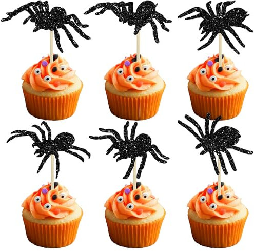 Gyufise 24Pcs Halloween Spider Cupcake Toppers - Glitter Black Picks for Cake Decorations, Baby Shower, Birthday Party Supplies