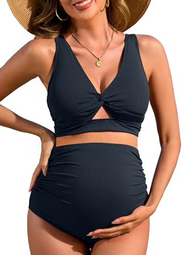 Charmo Maternity Swimsuit Two Piece High Waist Push up Bikini Top Bottom Ribbed Pregnancy Bathing Suit Cutout Swimwear Navy M