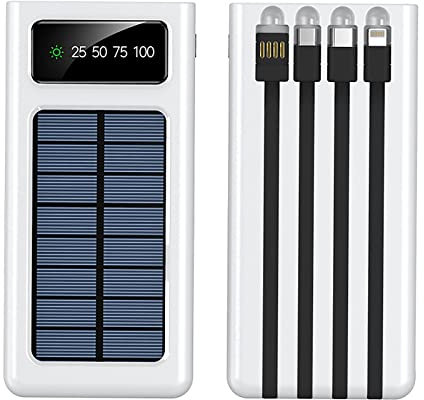 20 000 mAh solkraftbank med ficklampa utomhusresor bärbar snabbladdare externt batteri med inbyggda kablar 2 st backup-batteri med stor kapacitet med LED-skärm