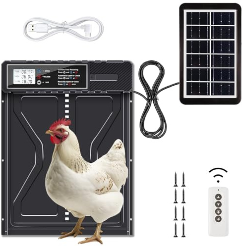 AOKUY Puerta automática para gallinero con energía Solar, Control Remoto,Impermeable para gallinas,No Requiere Pilas. Ideal para Patos, gallinas y Aves de Corral.
