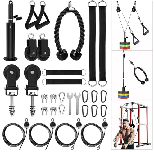 LFJ Fitness Cable Pulley System LAT Pulldown and Lift Cable Machine Home Gym Muscle Arm Strength Training Equipment (Set with Power Rack Pulley)