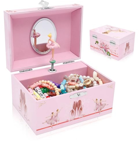 shaojian Ballerina Musical Jewellery Box for Girls, Pink Rotating Ballerina Ballet Kids Music Box for Jewelry Storage, 14.8x10.6x8.5cm