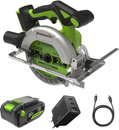 Sega circolare a batteria Greenworks 24 V senza spazzole da 165 mm, 5.000 giri/min, lama da 20 mm, profondità di taglio regolabile 45°/90°, luce LED, con batteria e caricabatteria CRG404