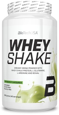 BioTechUSA Whey Shake | Krämigt vassleprotein med fyllig smak | Tillsatta BCAA och aminosyror | Hög fiberhalt | Glutenfri | Krämig konsistens | 1000 g, Pistachio