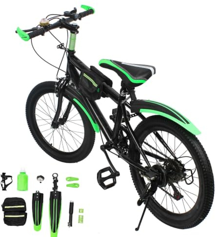 lieroda 20 Inch Kids Mountain Bike, 7-Speed Junior MTB, Adjustable Seat, Lightweight Carbon Steel Frame, 75kg Max Load, for Boys Girls 1.3–1.5m, Black & Green