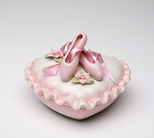 Cosmos Gifts 10603 Fine Porcelain Pink Ballerina Ballet Slippers with Pink Roses Heart Shaped Covered Trinket Jewelry Box, 4 L