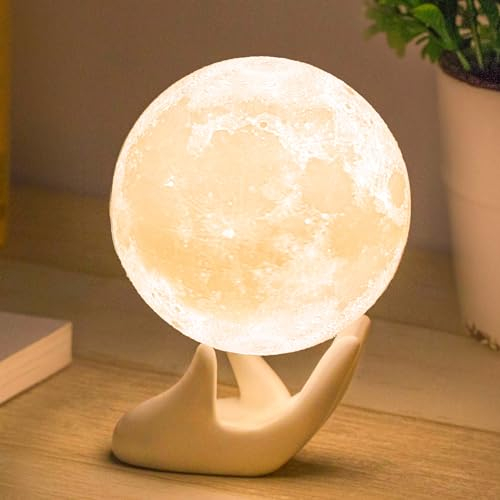 Mydethun Mondlampe 3D Mondlicht, 9cm mit Keramikfuß & USB, dimmbar Weiß & Gelb, Geschenke für Frauen Mädchen Mutter, Herbst Deko Halloween Schlafzimmer Wohnzimmer