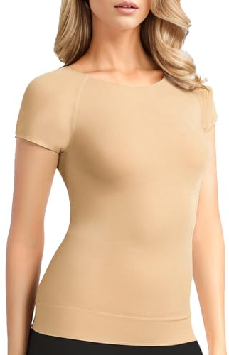 +MD Women's Seamless Short Sleeve Undershirt, Light Compression Scoop Neck Tank Top, Tummy Control Basic Tee Camisole (Nude,M)
