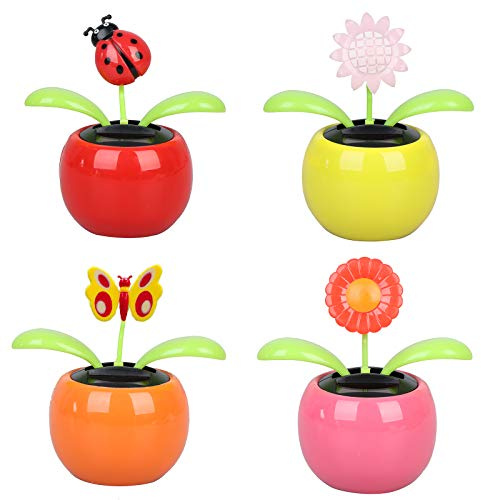 Welecom 4 Solar Dancing Sunflower Toy Solar Powered Dancing Ladybug in Colorful Pots Swinging Butterfly Flip Flap Animated Bobblehead Dancer Window Sun Catcher Car Dashboard Decor Portable Suncatchers