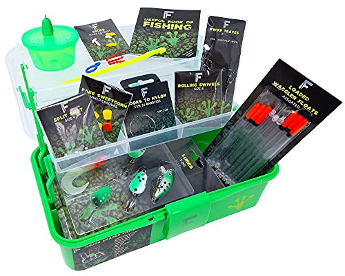 FLADEN Fishing - Junior River Loaded Coarse Terminal Tackle Box Set - Ideal Bits & Pieces Starter Accessory Set For Kids - PINK or GREEN 2 Tray Cantilever Box Pack 28cm x 17cm x 13cm (Green) [19-099F]