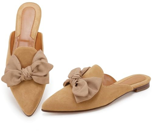 Rilista Flat Mules for Women Closed Pointed Toe Backless Mule Sandals Comfortable Slides Mules Shoes Ladies Slip-on Loafers Khaki