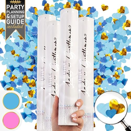 PrimePure Gender Reveal Sparacoriandoli - Coriandoli Biodegradabili a Forma di Cuore- Blu, Confezione da 4 - Cuoricini Cannoni Spara Coriandoli Ideali per Rivelazione del Genere Bambino