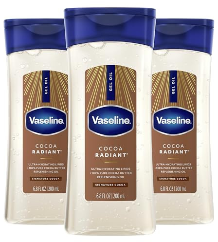 Vaseline Intensive Care Cocoa Radiant Pack of 3 for Glowing Skin Body Gel Oil Made with Pure Cocoa Butter + Replenishing Oils 6.8 fl oz