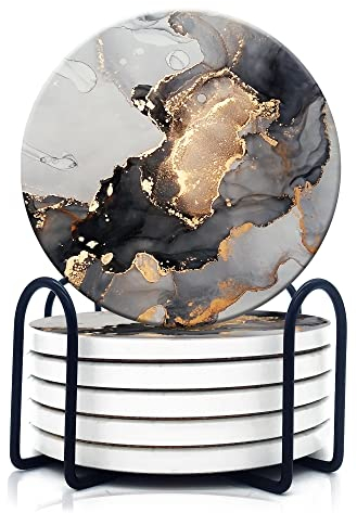 Sottobicchieri in vetro con supporto, sottobicchiere in ceramica in stile marmo con base in sughero, utilizzabile per tazze, vasi, vetro, candele o bar, decorazione per la casa e il soggiorno,nero