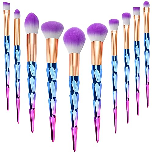 Makeup Brushes, START MAKERS 10Pcs Premium Synthetic Make Up Brushes Blue and Purple Gradient Diamond Handle Foundation Makeup Brush Set Professional for Powder, Cream and Eyeshadow