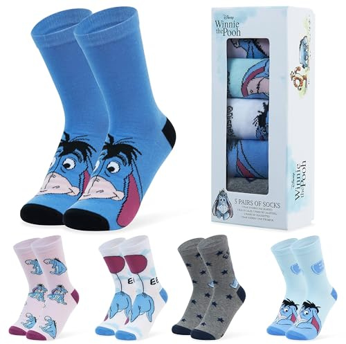 Färgglada Disneystrumpor för kvinnor, 5-pack, damstrumpor med roliga motiv, i bomull, presentset, Lilo och Stitch, Nalle Puh, skurkar och prinsessor, 35/41 EU