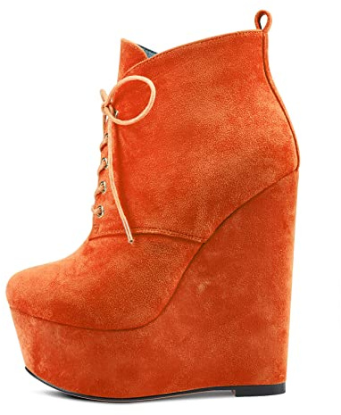 NobleOnly Femmes Haut High Talon Heel Compensé Plate-forme Rond Bout Bottines Lacets Fermeture à Glissière Dress Classique 16 CM Heels Orange Suède 42 EU