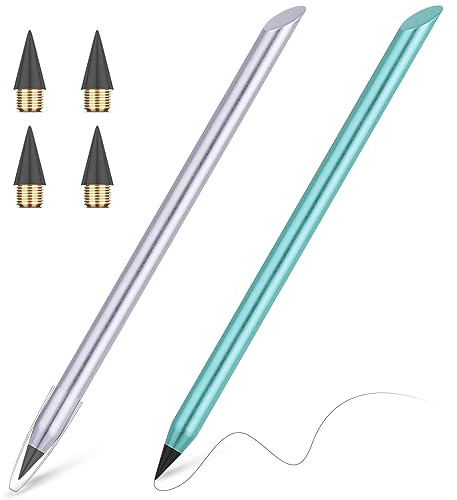 AUAUY 2 Stück Metall Tintenlose Bleistifte Ewig, Ohne Anspitze mit 4 Austauschbarem Ewiger Bleistift Wechselkopf für ab 3 Jahren Kinder und Erwachsene (Lila, Blau)