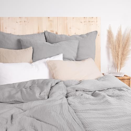 Pure Label Musselin Bettwäsche 135x200 4 teilig bestehend aus Bettbezug 135 x 200 cm 2er Set + Kissenbezug 80x80 cm 2er Set aus Baumwolle - Traumhaft kuschelige Bettwäsche-Sets in grau